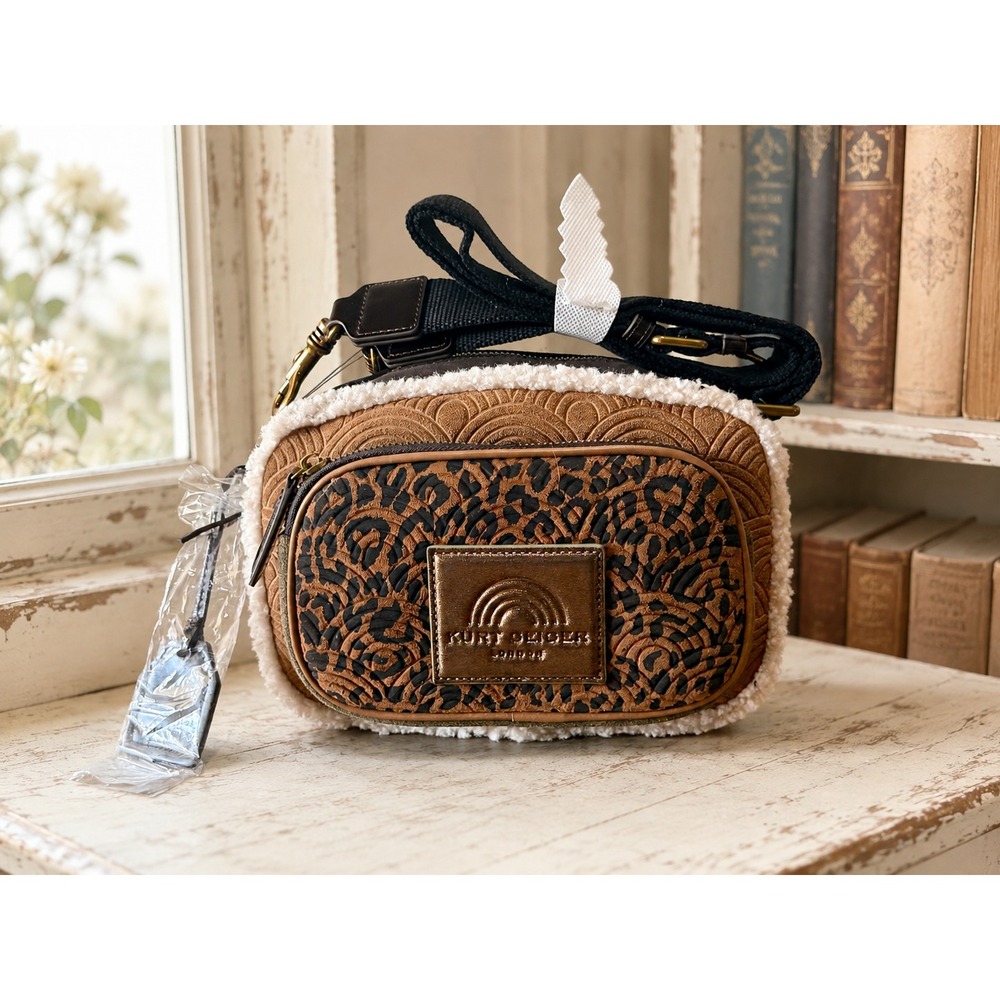 Kurt Geiger London Southbank Leopard Print Camera Bag Suede Fleece Crossbody NWT